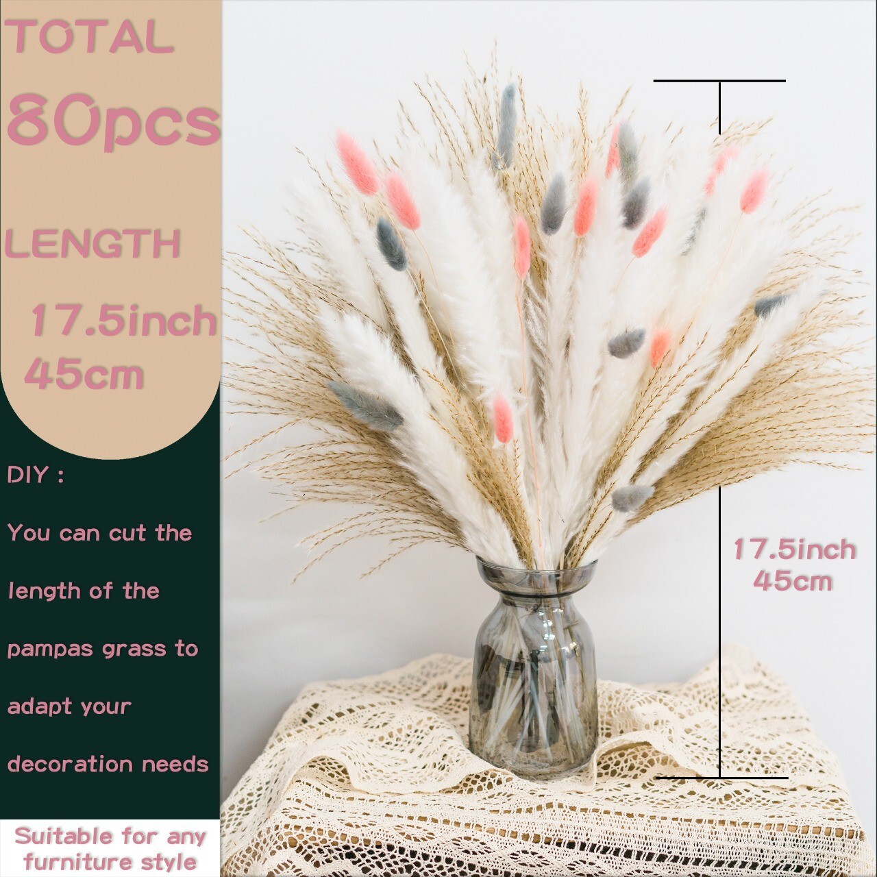 80 Pcs Natural Dried Pampas Grass Decor 17In for Mixed Floral Arrangement