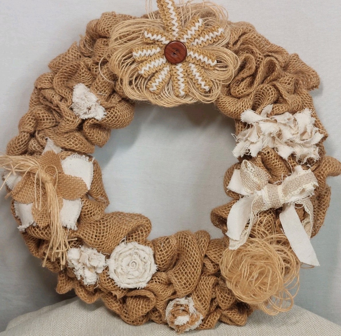 13″ Brown White Rose Flower Farmhouse Burlap Wreath Cottage Core Elegant Rustic
