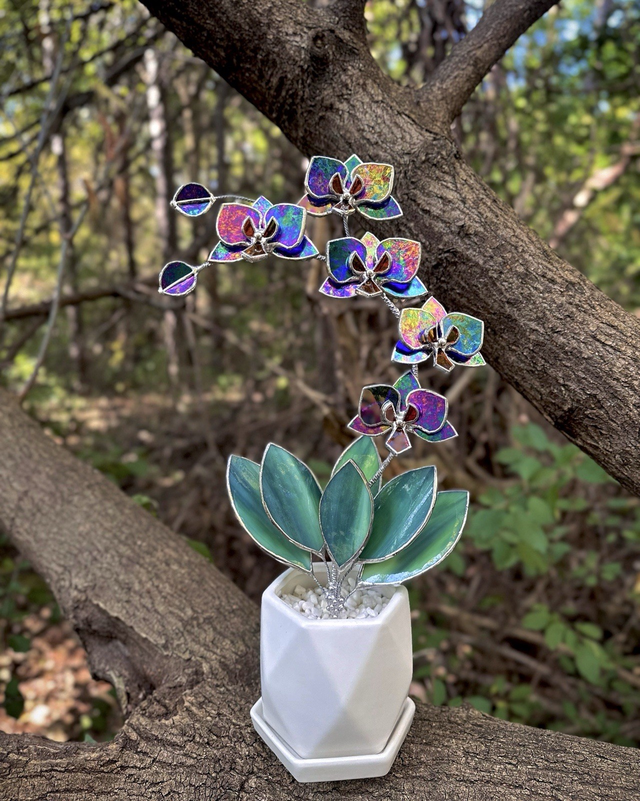 Stained Glass 3D Orchid indigo Iridescent, 5 Flowers In A Pot, Table Decor