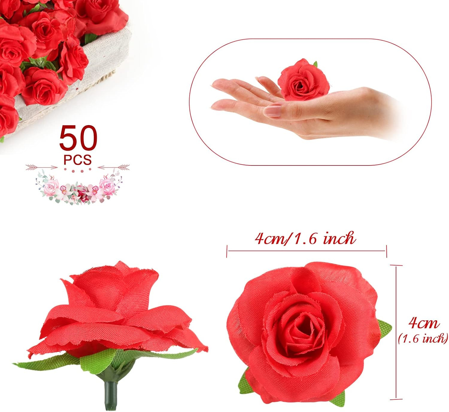 Kesoto 50Pcs Red Roses Buds Artificial Flowers Bulk, 1.6″ Small Silk Fake Roses