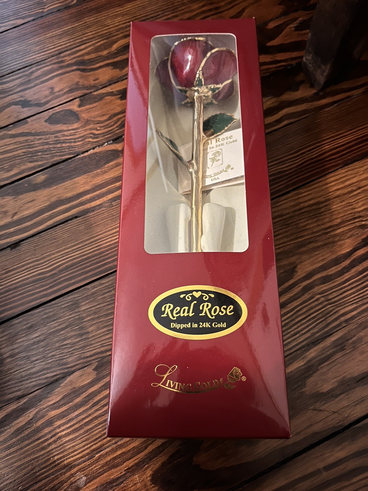 LIVING GOLD REAL RED ROSE PRESERVED & Dipped IN 24K GOLD. NEW IN BOX