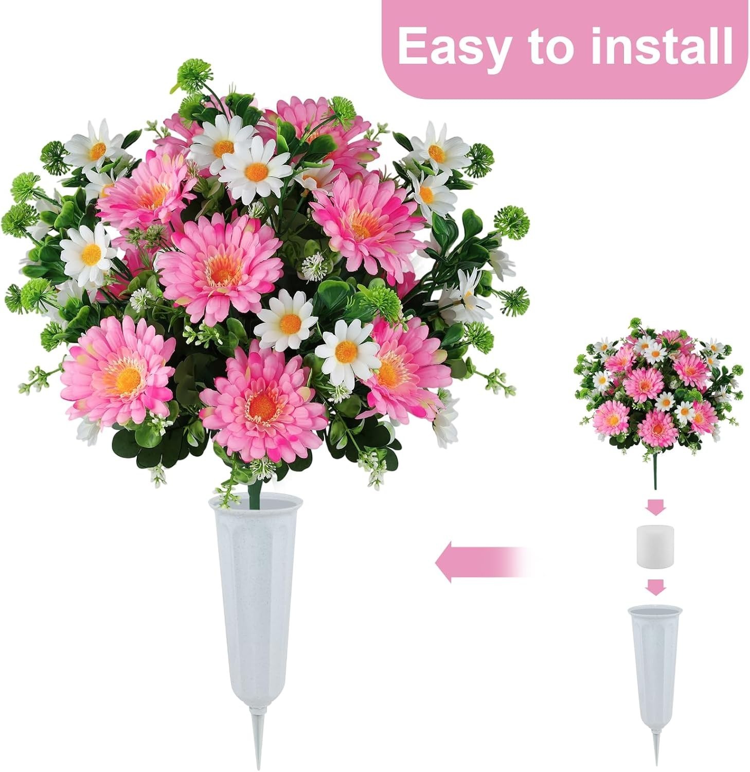 Artificial Cemetery Flowers for Grave with Vase, 24 Branches Daisy Fake Silk …