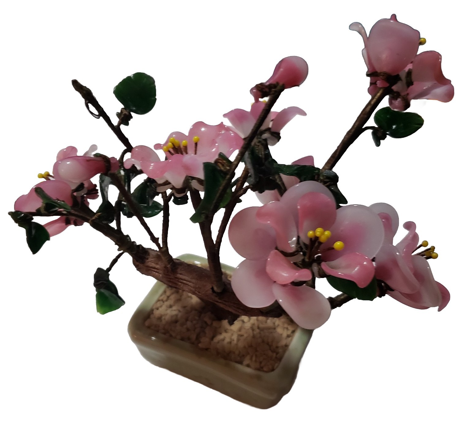 VTG Cherry Blossom Jade? Gemstone Leaves Bonsai Tree Rose Quartz Petals *Cracks