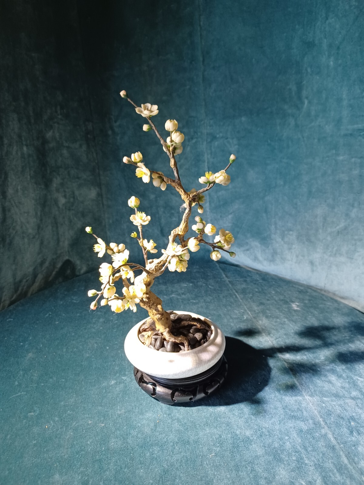 Bonsai Tree Vintage Retro 14″ Artificial Plum Blossom ceramic pot wood pedestal