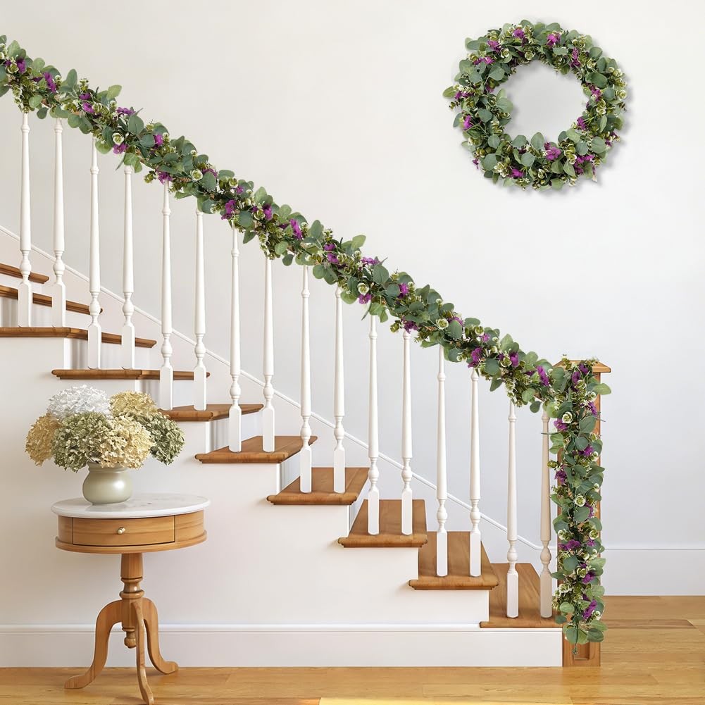 2Pack Eucalyptus Flower Garland with Violet 5.9Ft Artificial Ivy Greenery Han…