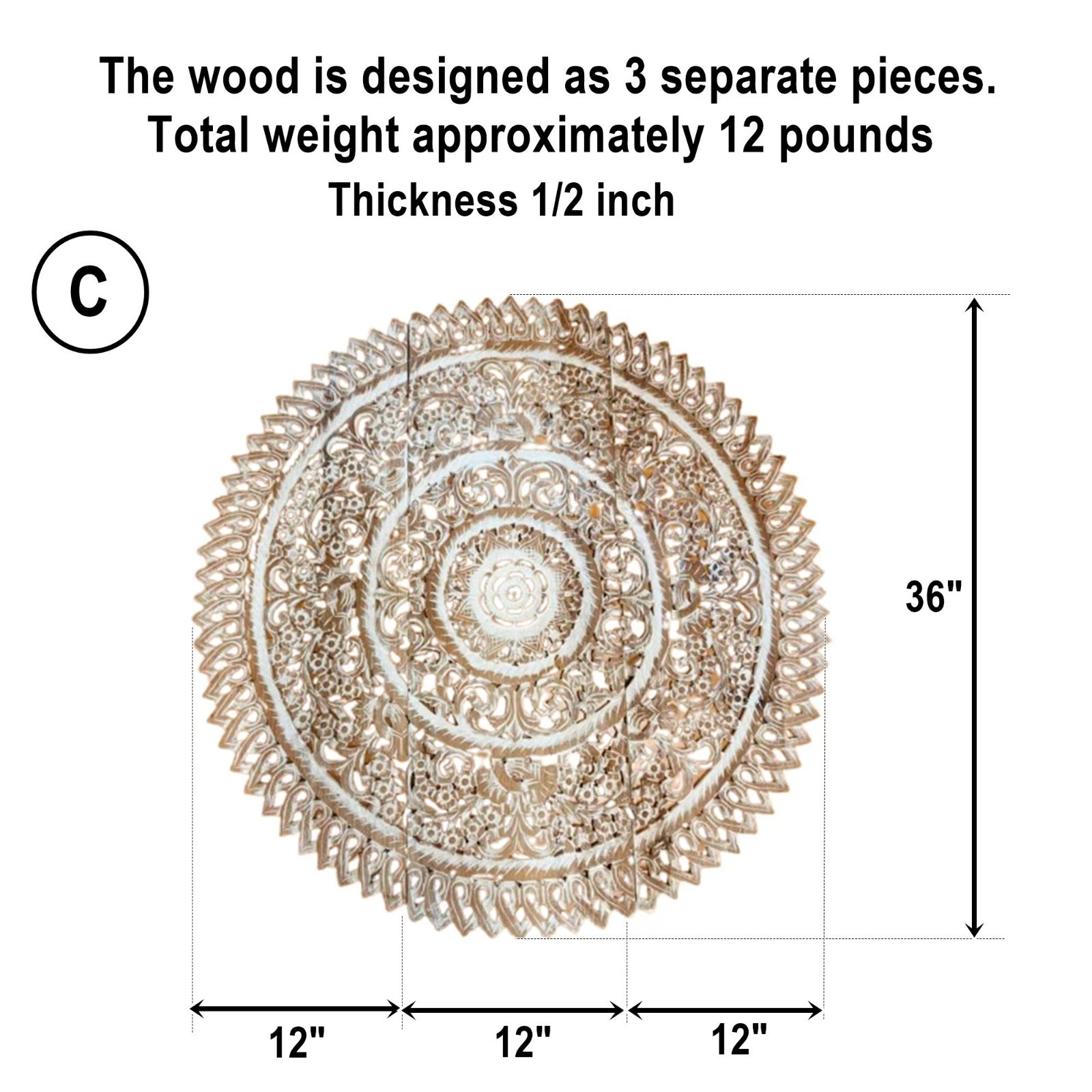 36″ Large Round White Mandala Wood Carving Wedding Decor Nursery Coastal Living