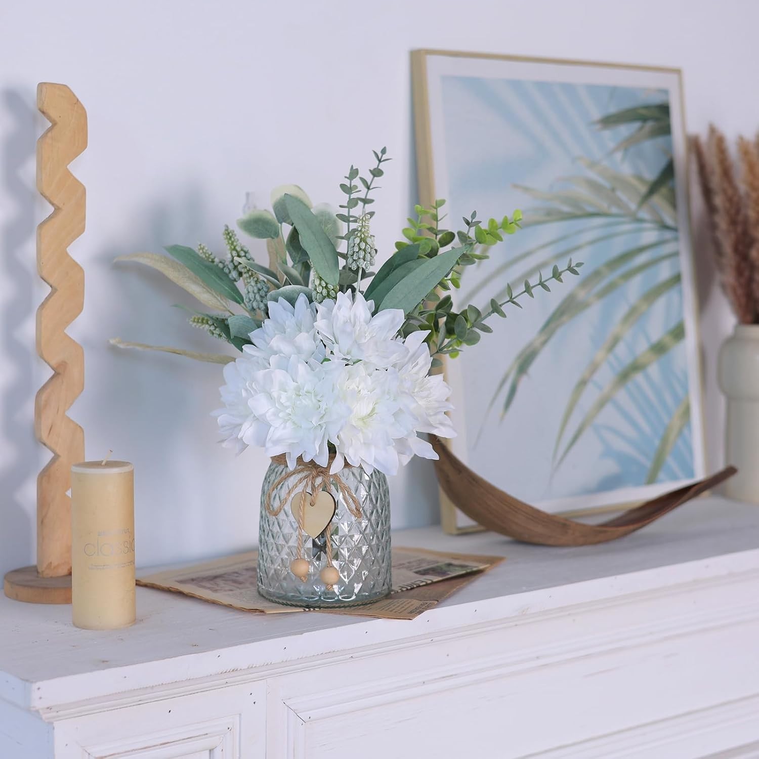 Beautiful Faux Dahlia and Eucalyptus Flowers in Vase – 14.5