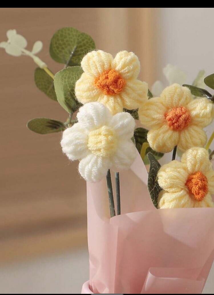 1 Set Handmade Knitted Yarn Artificial Flower Bouquet, Fabric & Knitted