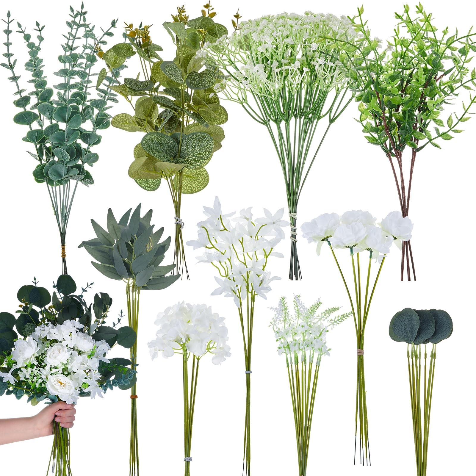 110 Pieces Artificial Eucalyptus Leaves Stems Set with 10 Kinds of Faux White…