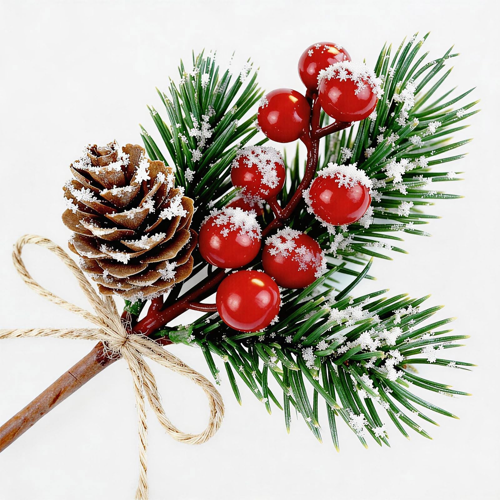 FUTERLY 10 PCS Holly Berry Stems Pine Cones for Crafts,Red Faux Berry Stems G…