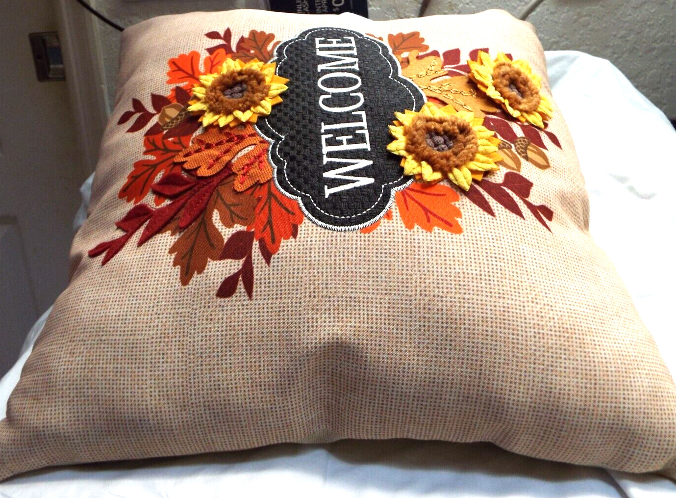 Welcome Throw Pillow 16″ x 16″ 3D Floral Leaves & Sunflower Design NEW