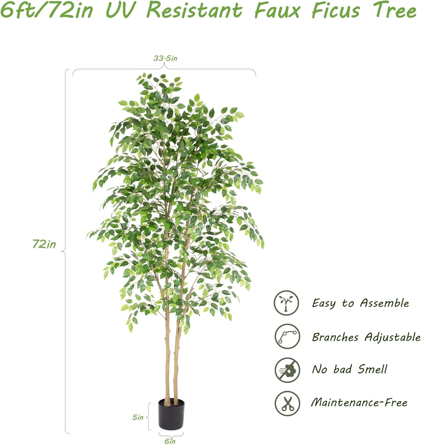 Tall UV Resistant Ficus Tree Artificial，6ft(72in Faux Ficus Tree W/ Realistic