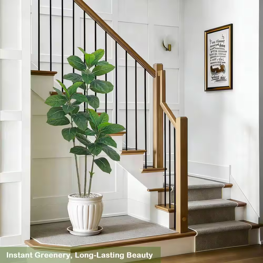 1 In. White Indoor/Outdoor Artificial Rubber Tree Shrub Faux Plant with Planter