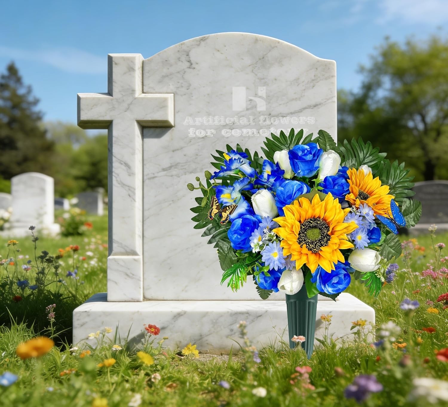 Artificial Cemetery Flowers – Vibrant Sunflower Tulip, Outdoor Grave Decorati…