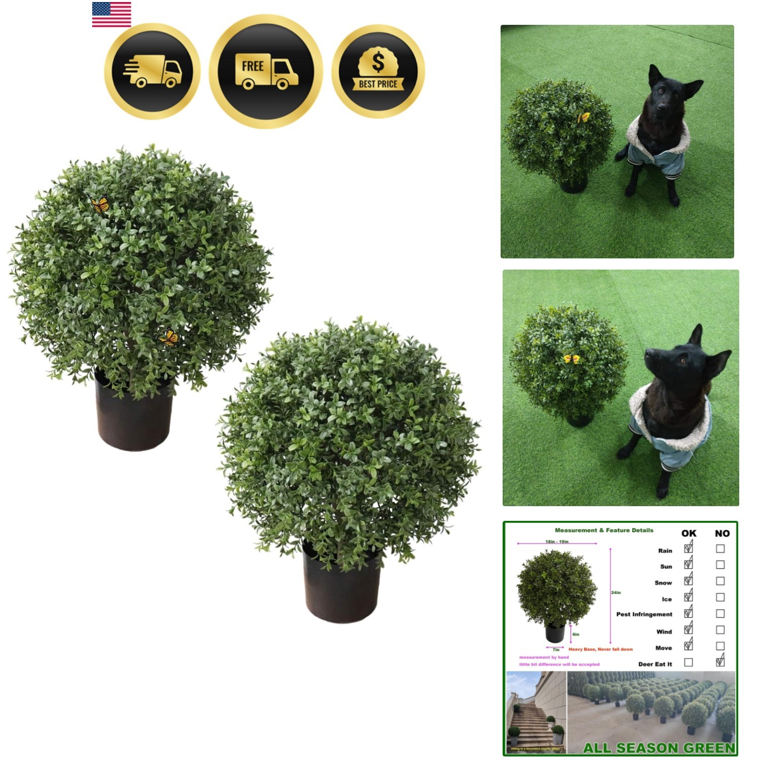 2’T 19”D Topiaries Trees Artificial Outdoors 2 Pack Fake Boxwood Bushes Outs…