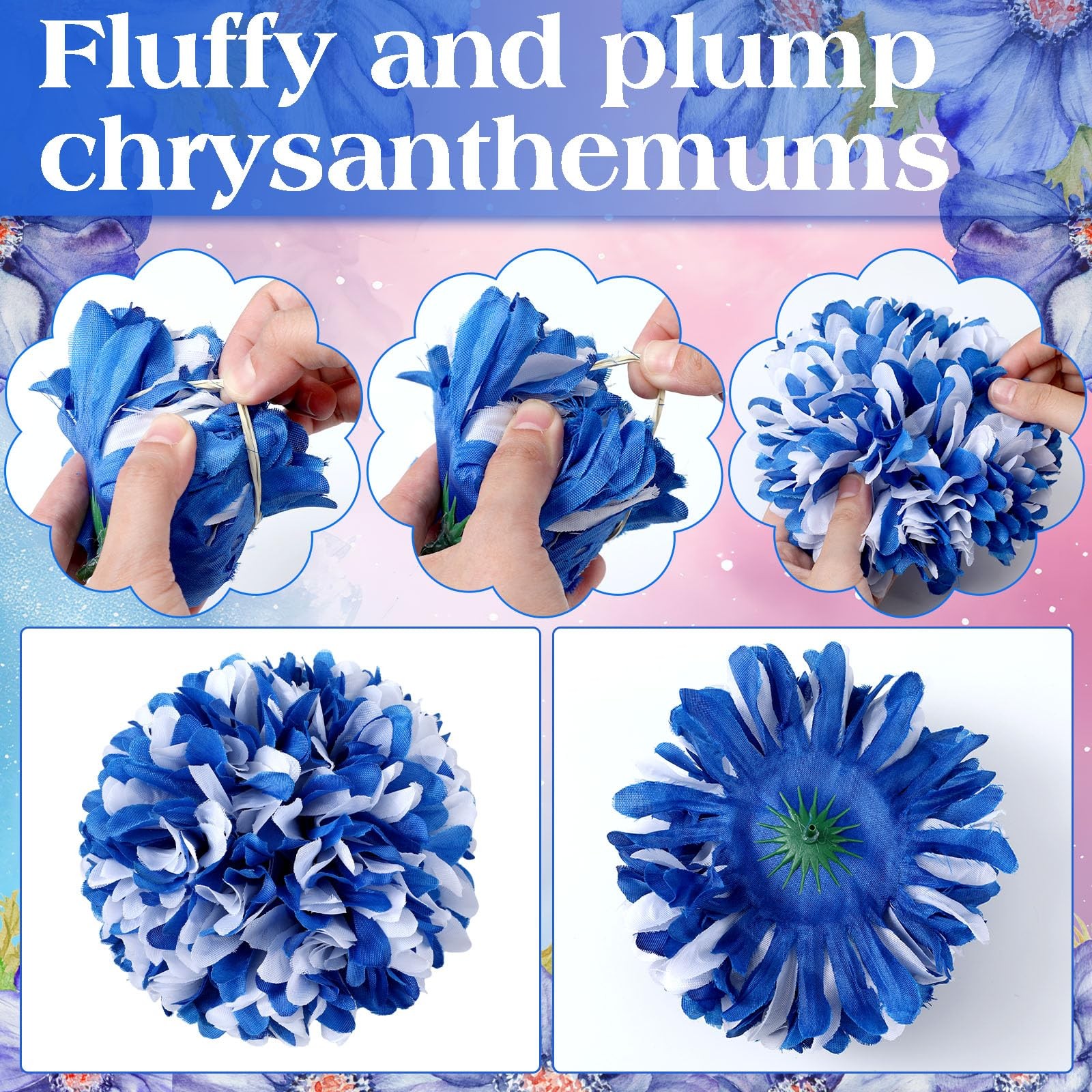 3 PCS Blue White Homecoming Mum Flowers 6.5 Silk Artificial 21 Layers Kit