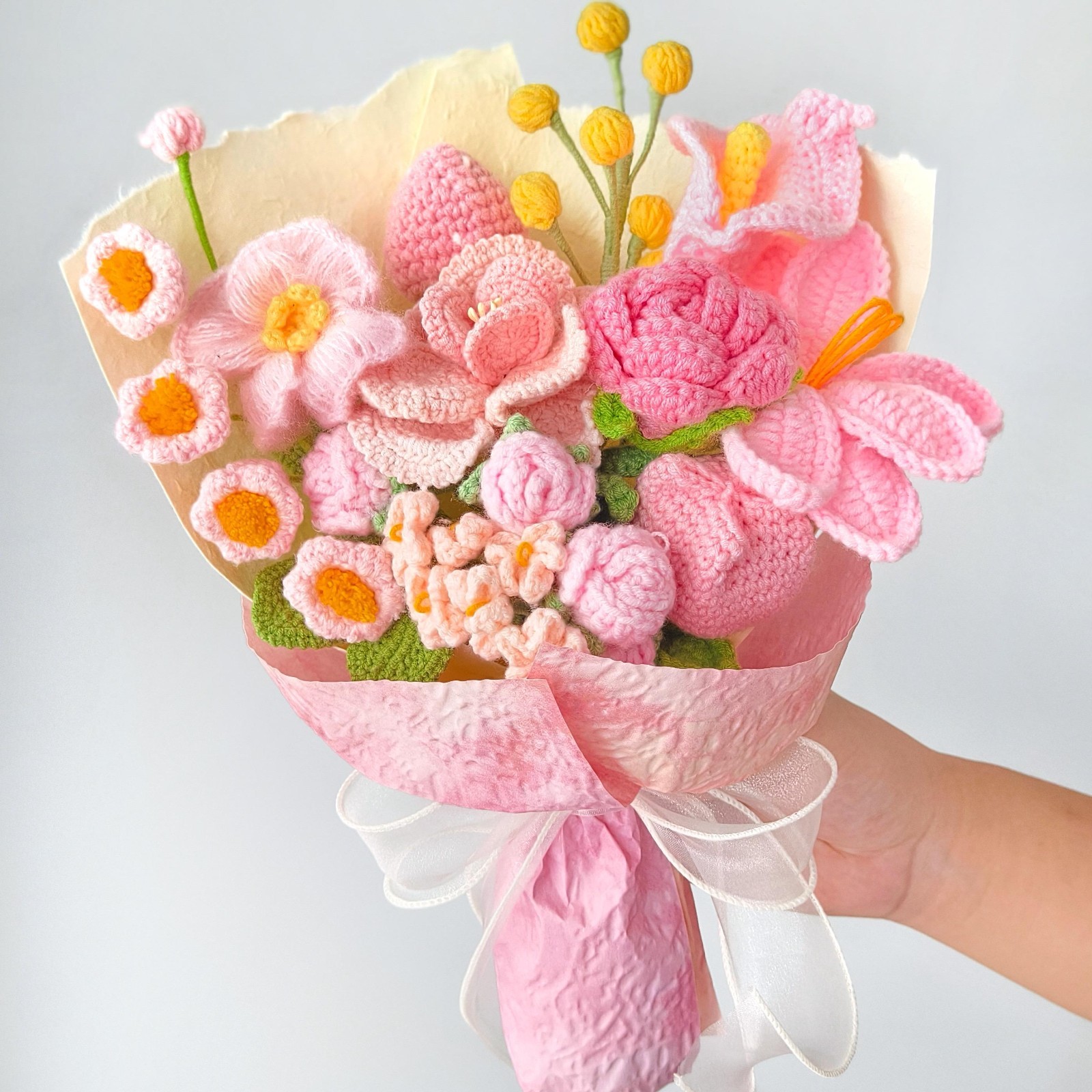 Crochet Flower Bouquet Romantic Pink Rose Tulip Gift Handmade Yarn Flowers