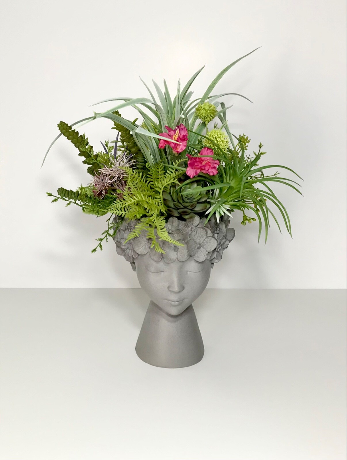 FAIRY GODDESS HEAD VASE FAUX BLOOMING CACTUS SUCCULENTS ARRANGEMENT GIFT NEW