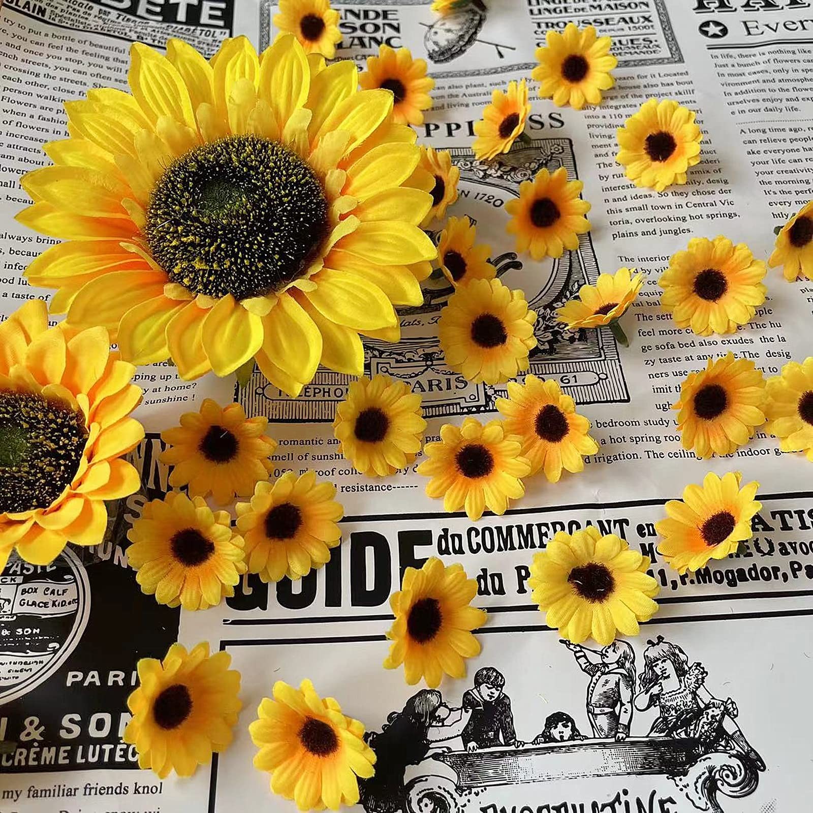 122 PCS Artificial Sunflower Heads Yellow Faux Flower 5.1/3.5/1.5 Inch Decor