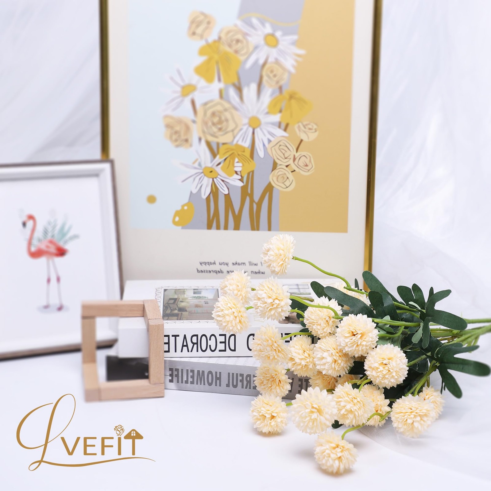 10 Pcs Champagne Kiku Flower Fake Mums Long Stem Flowers,Faux Kiku Flower Bul…
