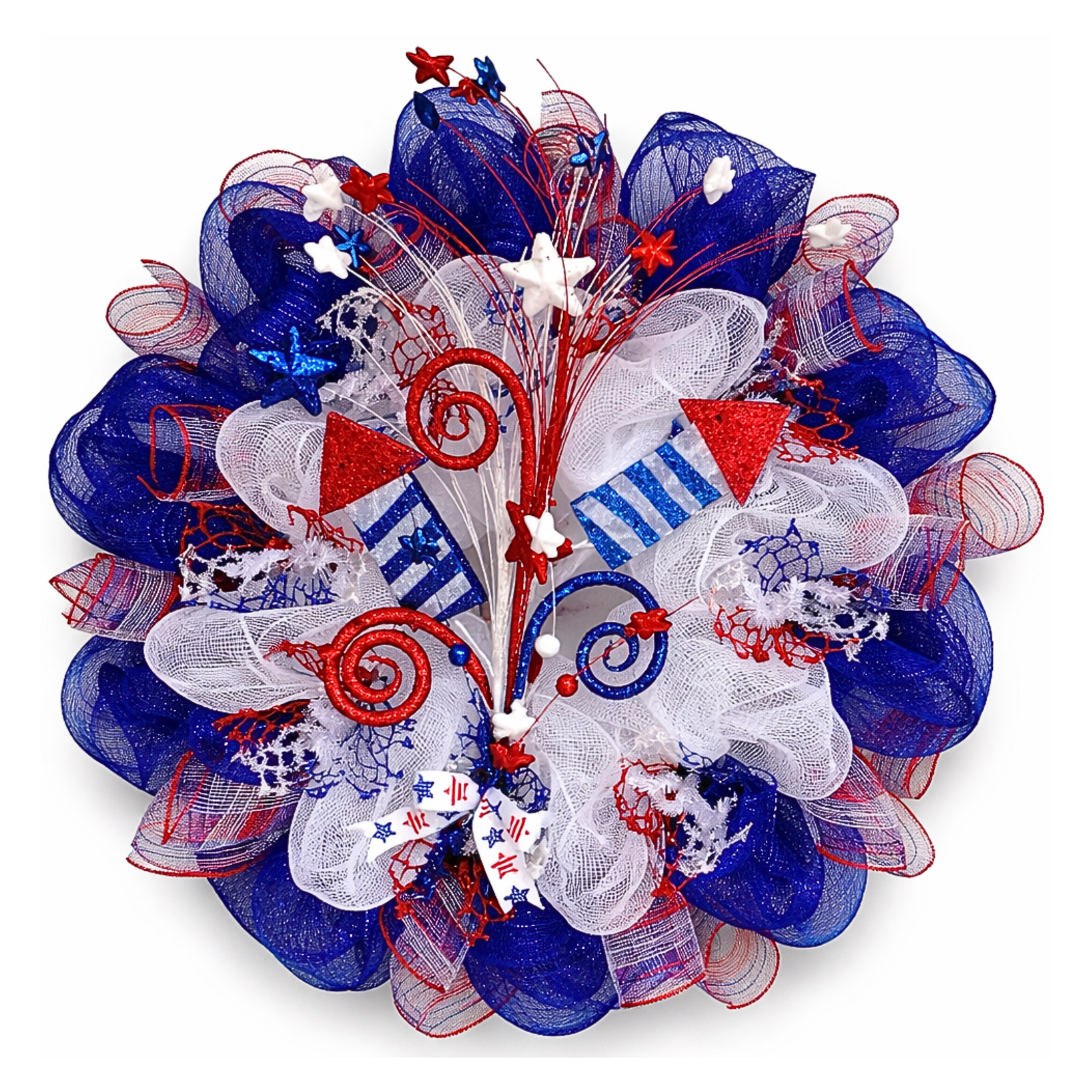 Sky Rockets In Flight Patriotic Handmade Deco Mesh Wreath 24 inch or 28 Inch