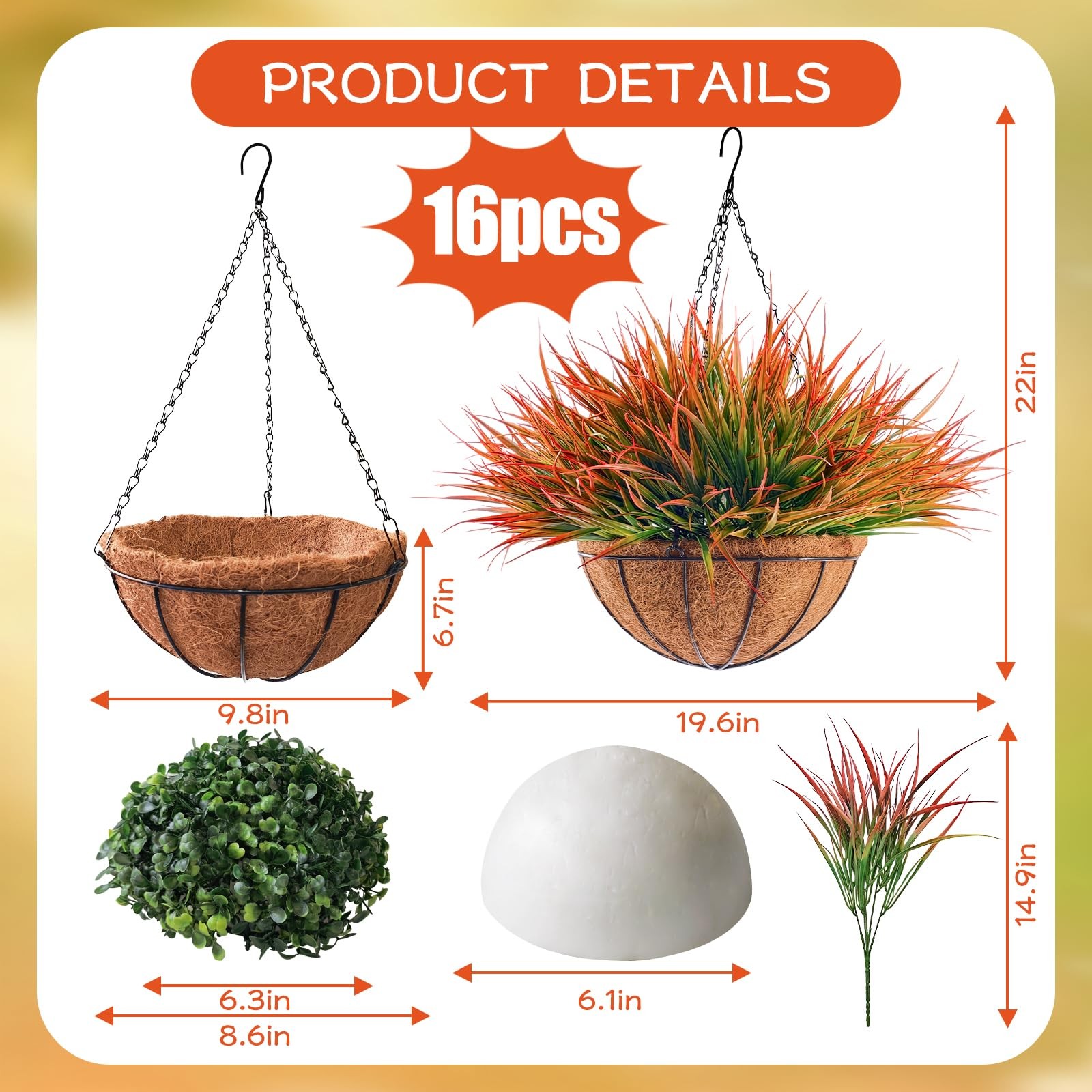 2 Set Fall Artificial Hanging Ferns Plants in Coconut Liner Baskets Outdoor