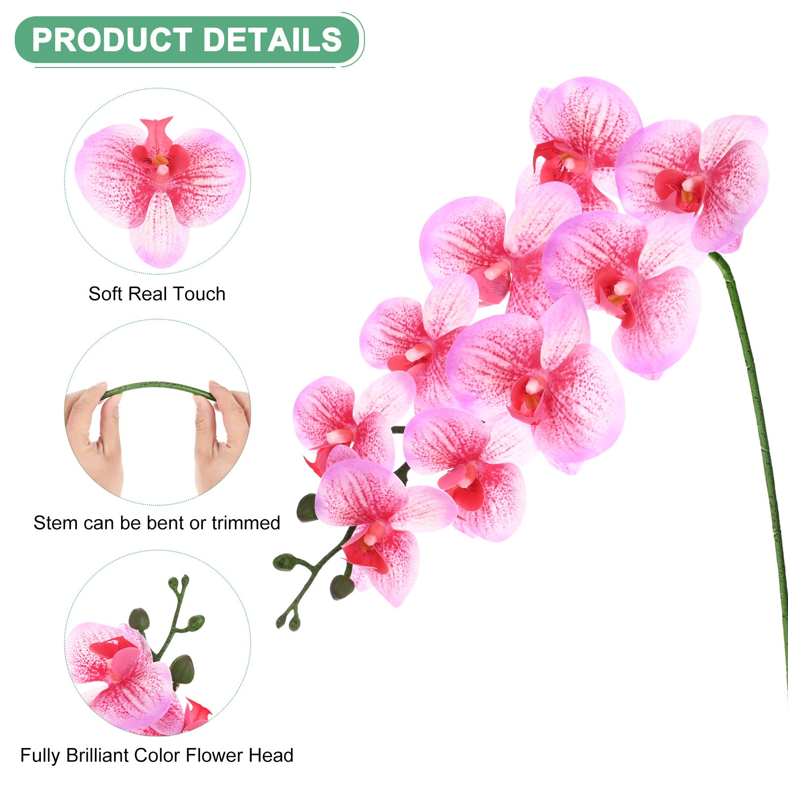 3-Pack Artificial Orchid Flowers 9 Large Petals for Home[Rose Red White]