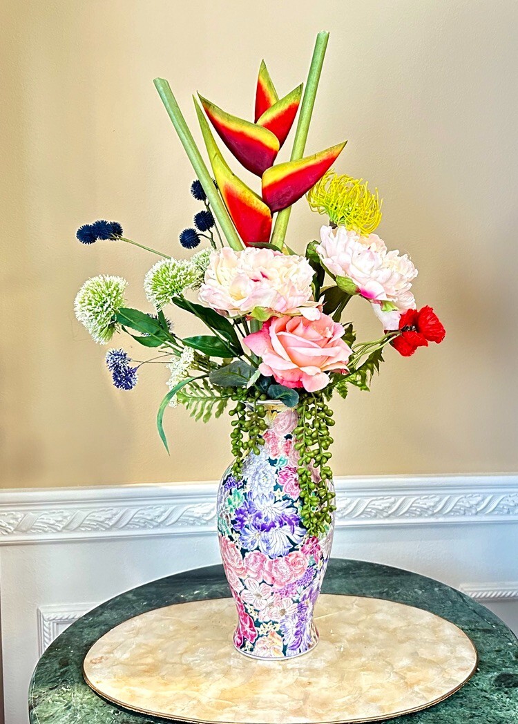 Floral Arrangement Centerpiece Multi-Colored Silk Flowers In Enamel Floral Vase