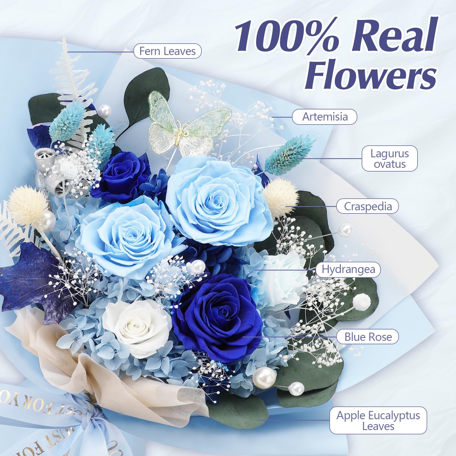Preserved Flowers Delivery 6 Blue Roses Bouquet Real Long Lasting Forever Gift