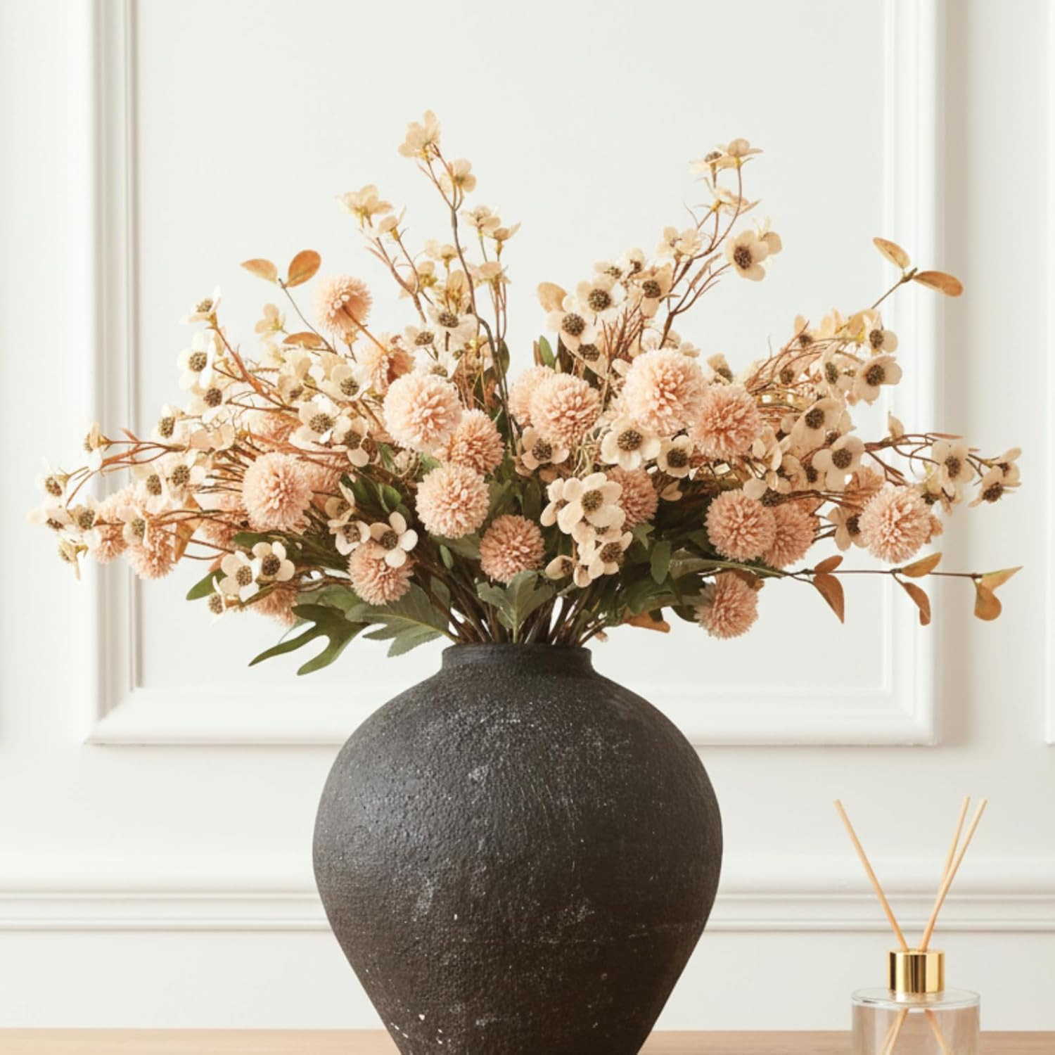 Beige Faux Silk Flowers in Rustic Black Vase for Modern Farmhouse Decor