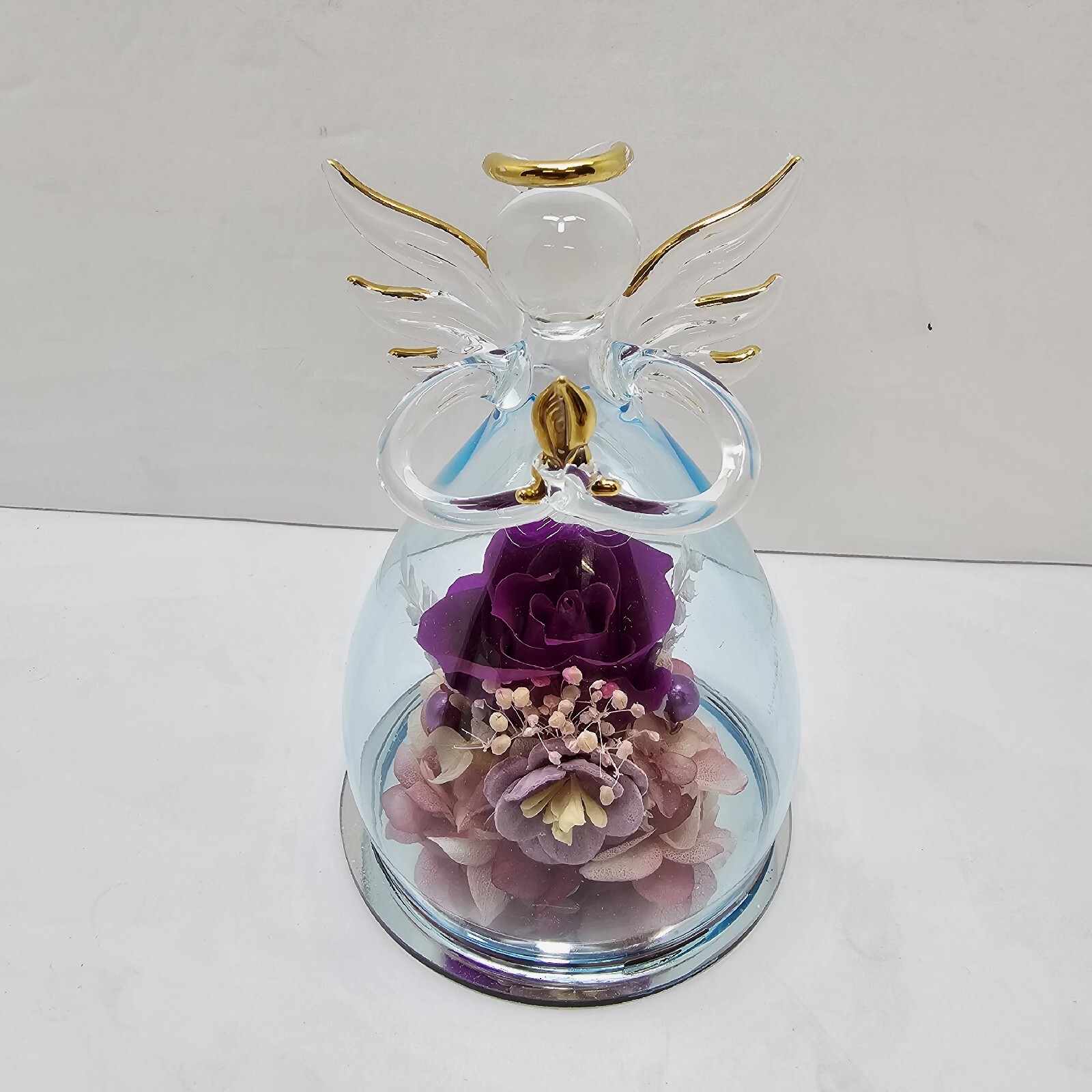 ANLUNOB Eternal Rose Glass Angel Figurine Purple Flower Hand Blown Sweetheart