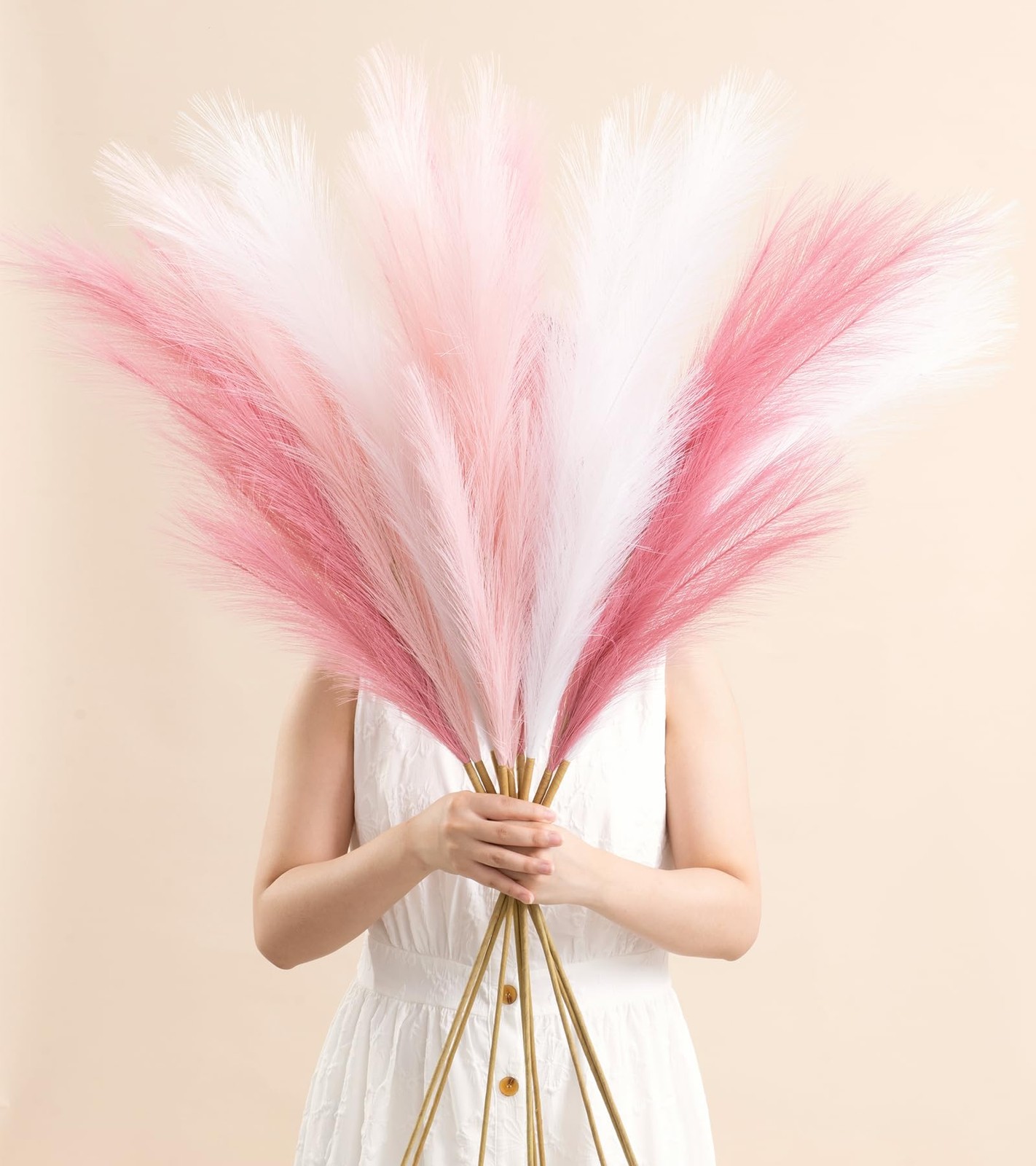 SeptCat 9 Pcs 45″ Pampas Grass Tall Pink White Decor Faux Dried Fluffy Fake L…