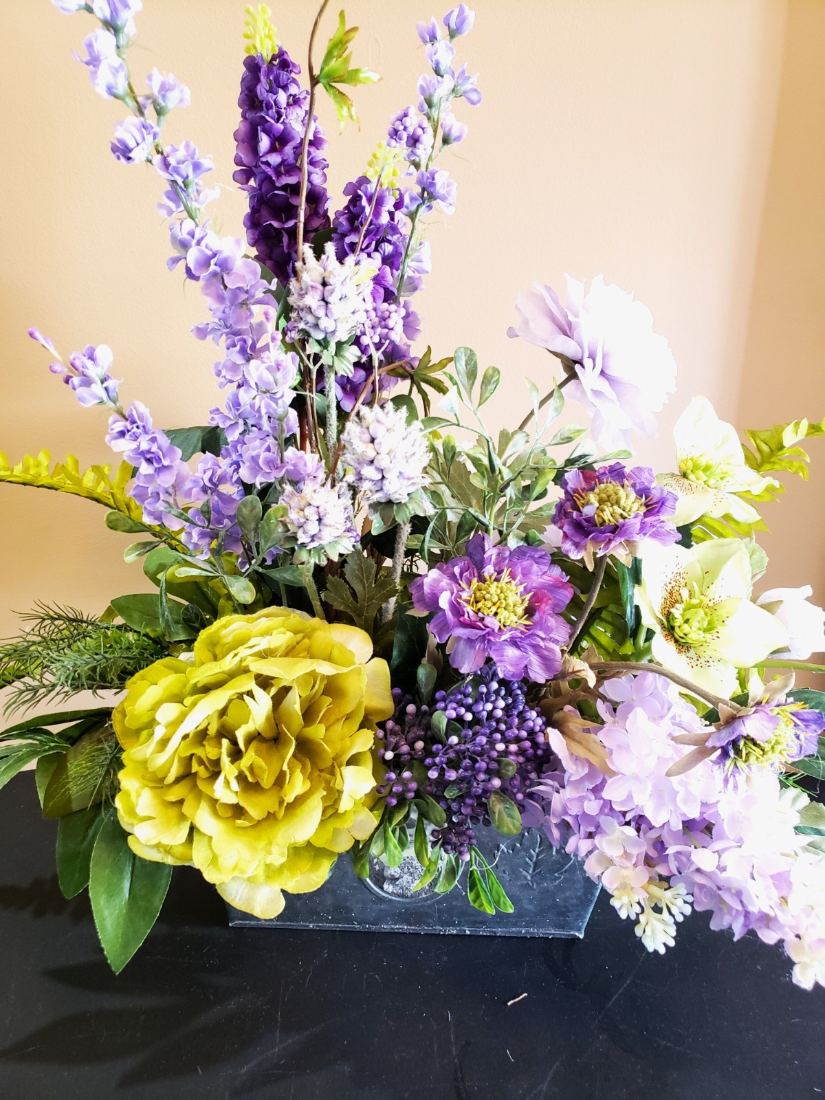 Purple & Lavender Lilac Arrangement in Oblong Silver Container – Peony, Scabiosa