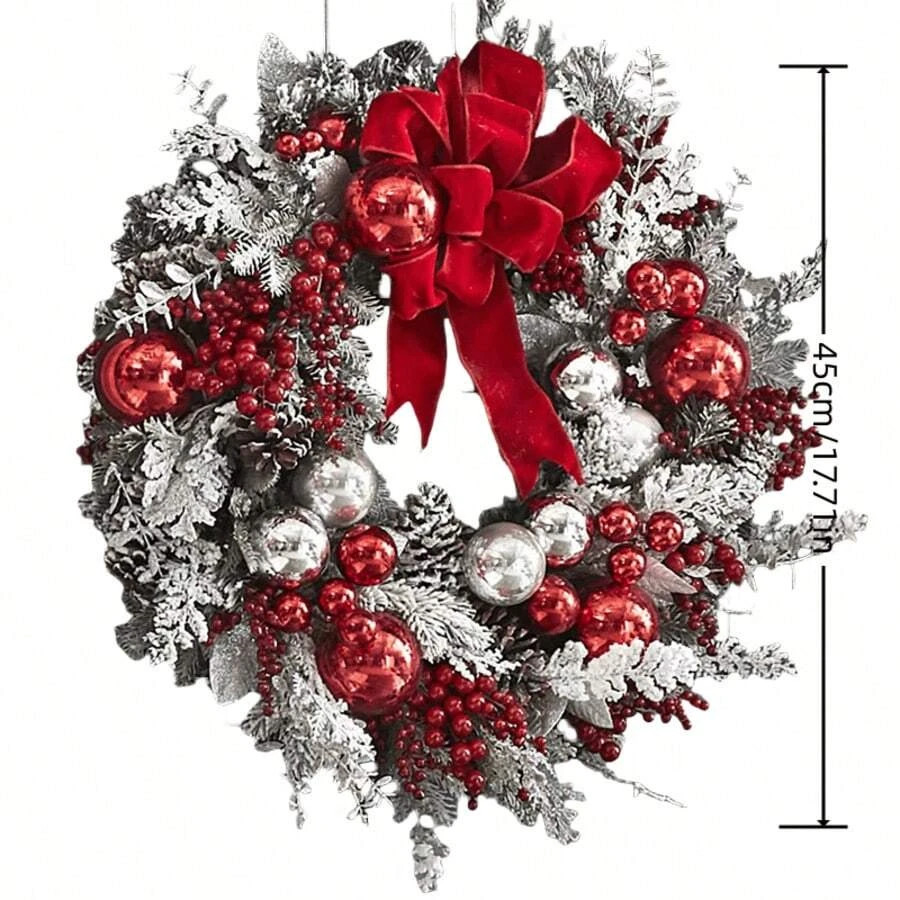 45cm/17.7in Christmas Wreath Front Door Flocked Pine Red Bow