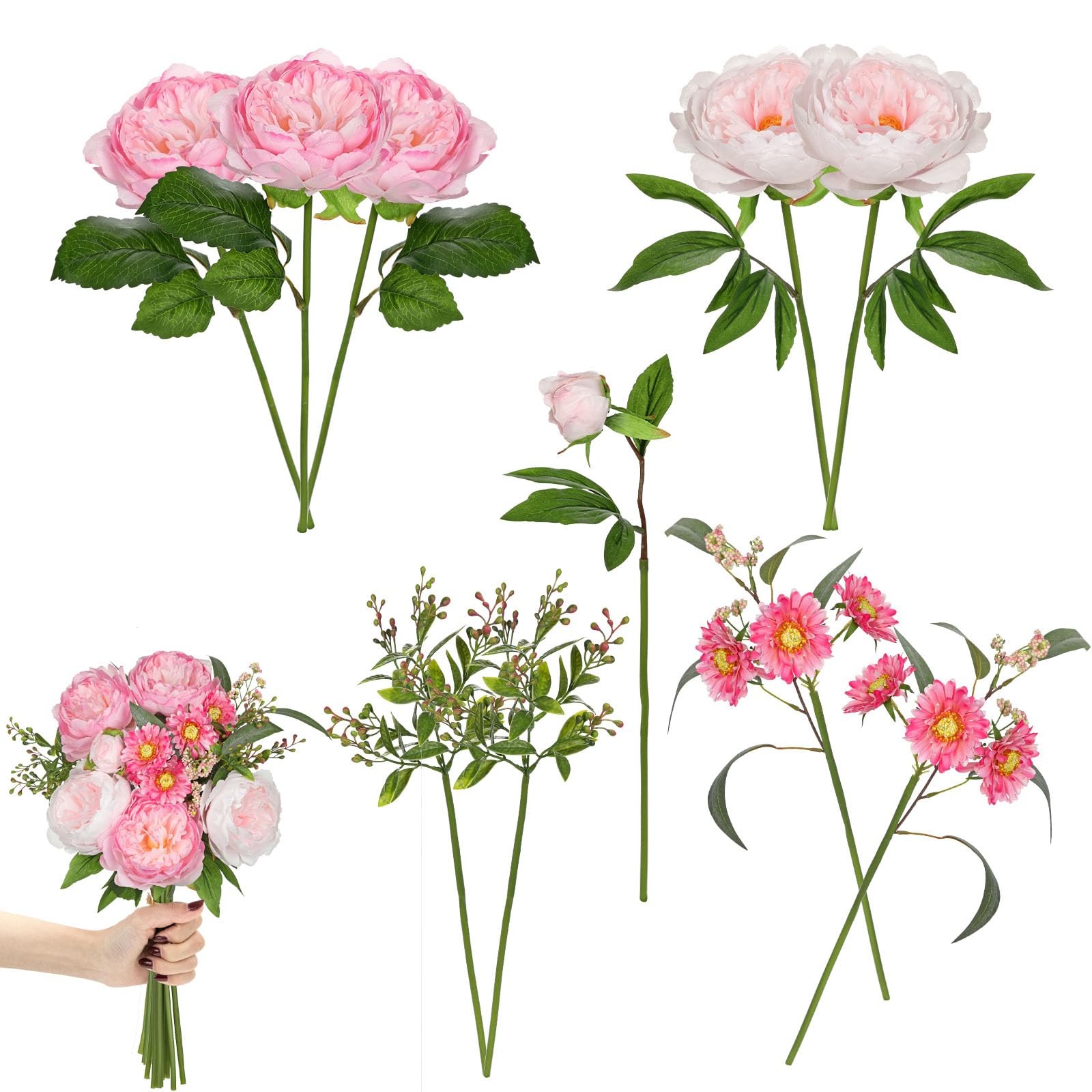 10 PCS Peonies Artificial Flowers Mixed Pink Faux Daisies 18.8 Inch Silk Fake