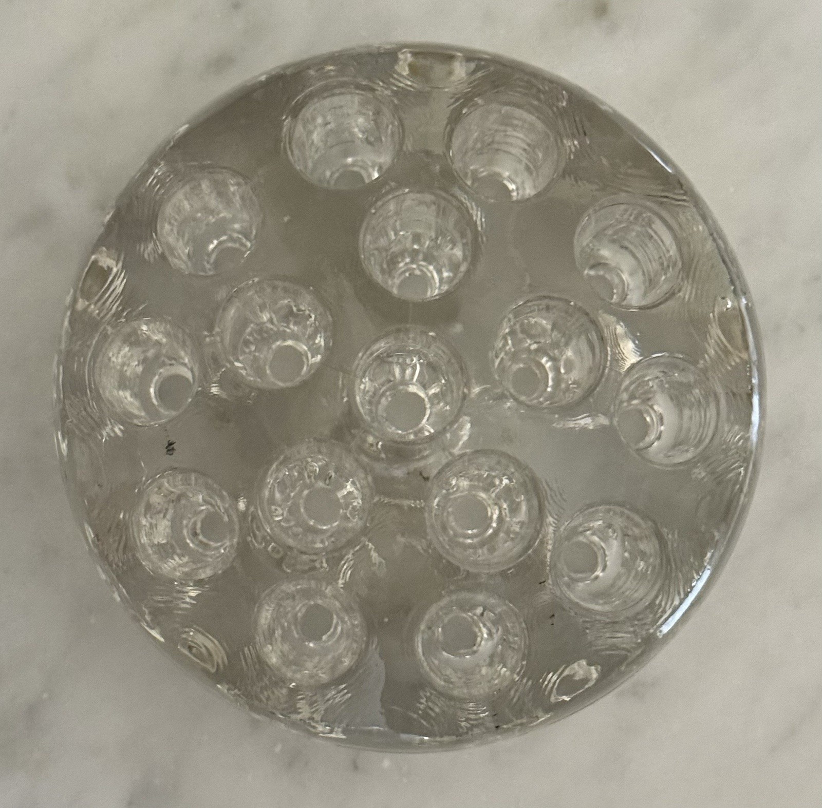 Vintage Thick Heavy Round 16-Hole Glass Flower Frog 3-3/4″ Diameter