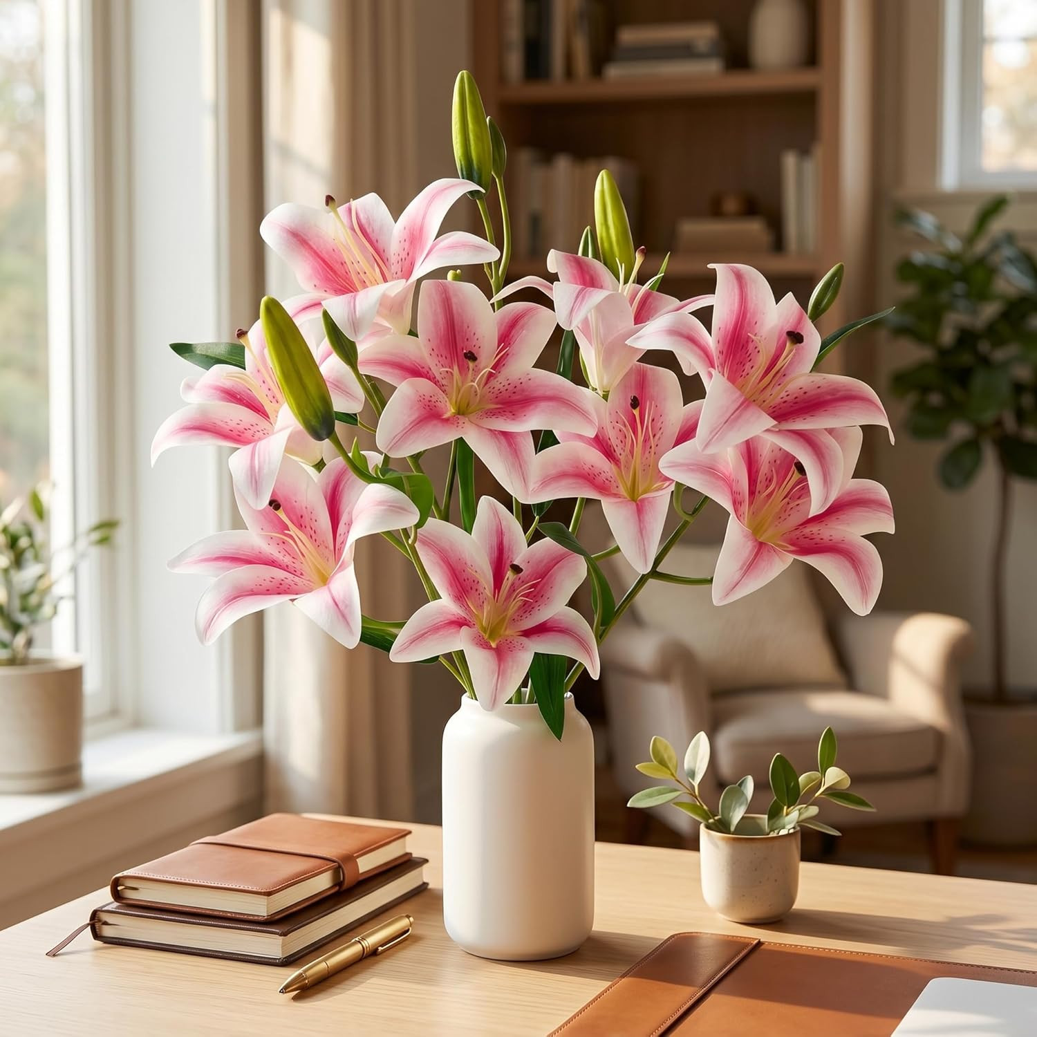 Artificial Lily Flowers with 9 Full Blooms & 3 Buds, Real Touch Long Stem Faux T