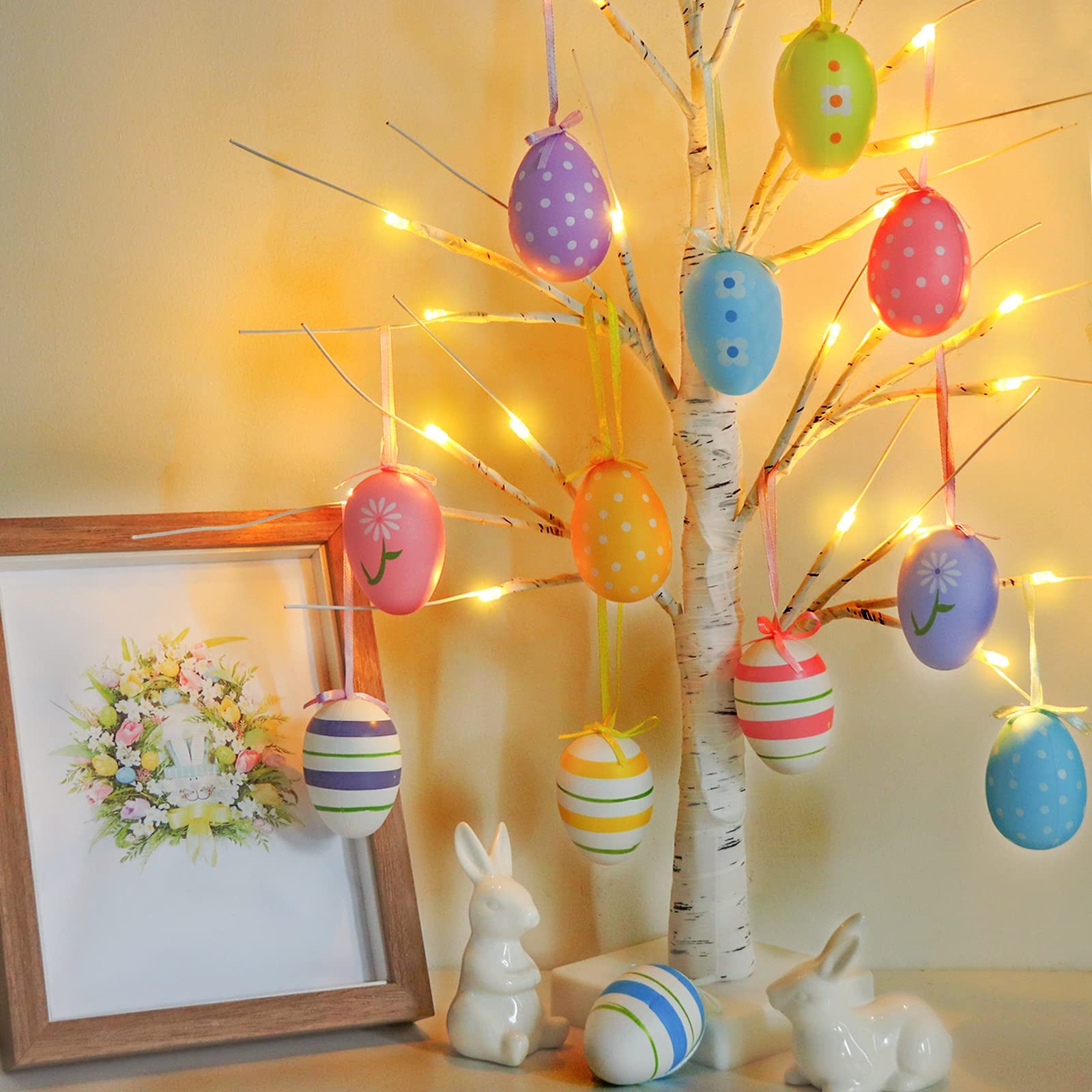 23.2″ Lighted Birch Tree with 12pcs Colored Egg Tree Ornaments, Easter Table Dec