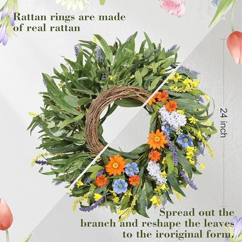 24″ Summer Floral Wreath with Artificial Daisies & Lavender – All Season Door De