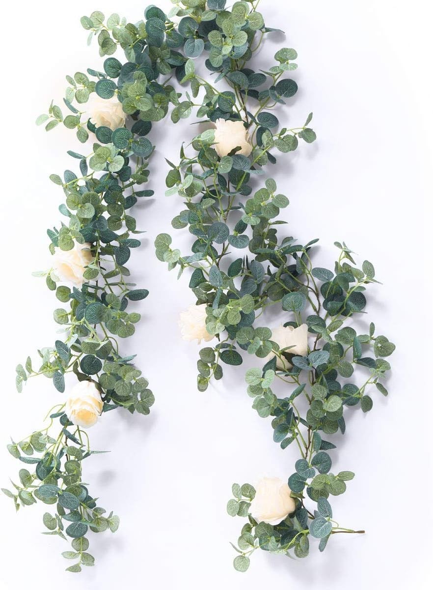 6.56ft Eucalyptus Garland W/ Flowers-8 White Roses Artificial Fake Flowers
