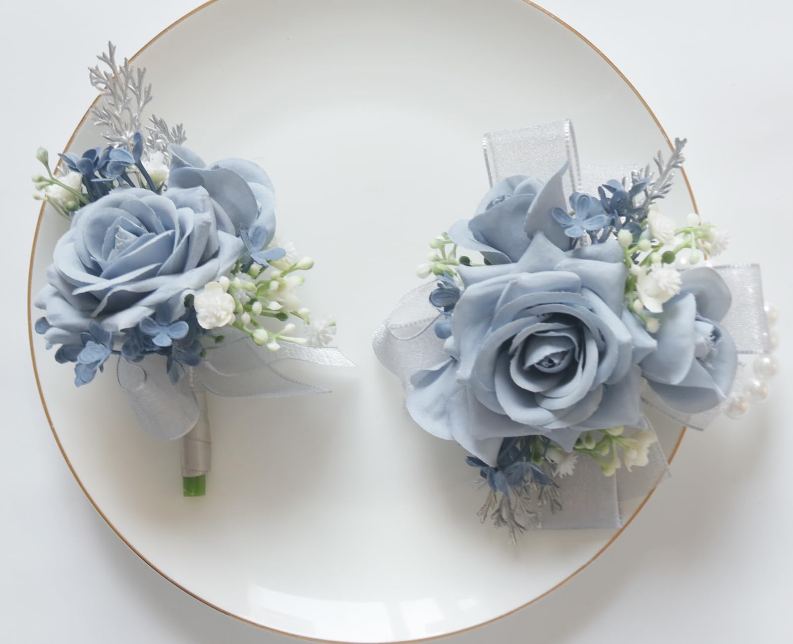 Wrist Corsage Boutonniere Set Artificial Rose Flowers Groom Bride Dusty Blue