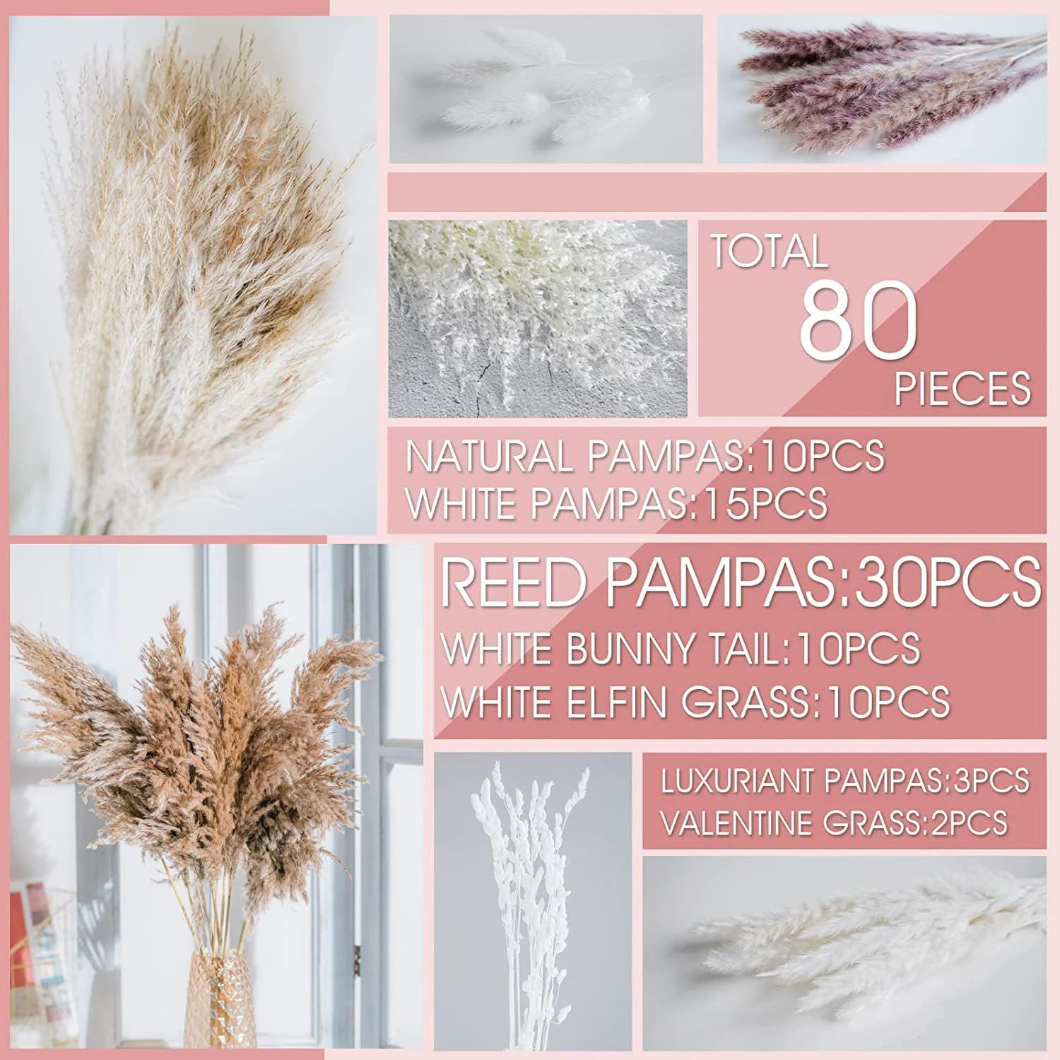 Sanmadrola 80 Pcs Natural Dried Pampas Grass Boho Home Decor Dried Reed Flowers