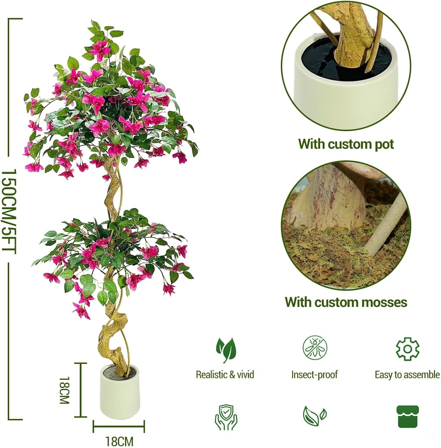 5FT Artificial Bougainvillea Tree in White Pot Fake Pink Flower Decor Faux Plant