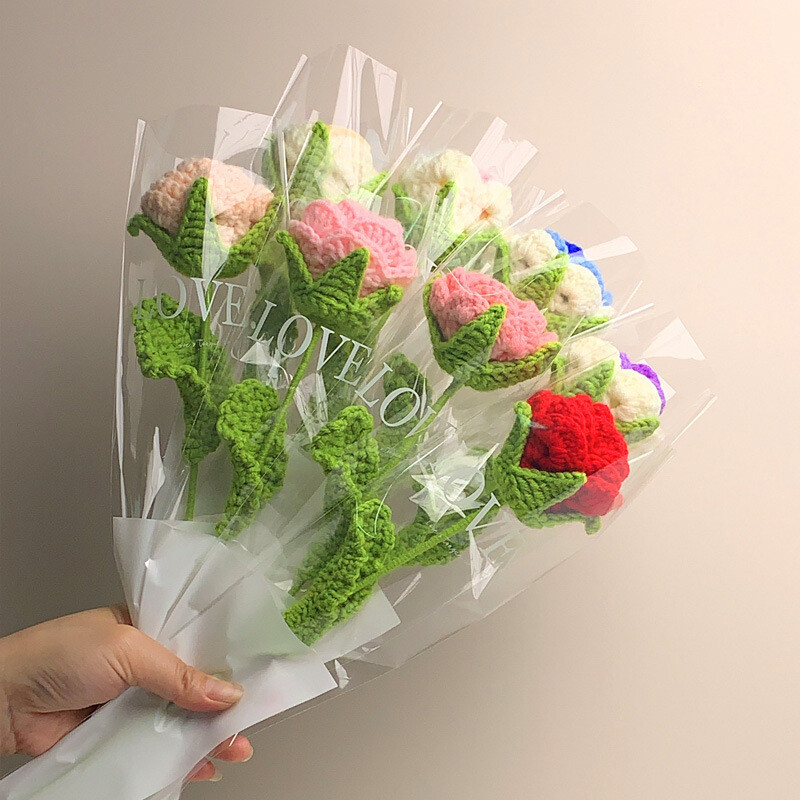 Hand Knitted Flower Yarn Crochet Rose Flowers Hand Craft Bouquet Wedding Decor