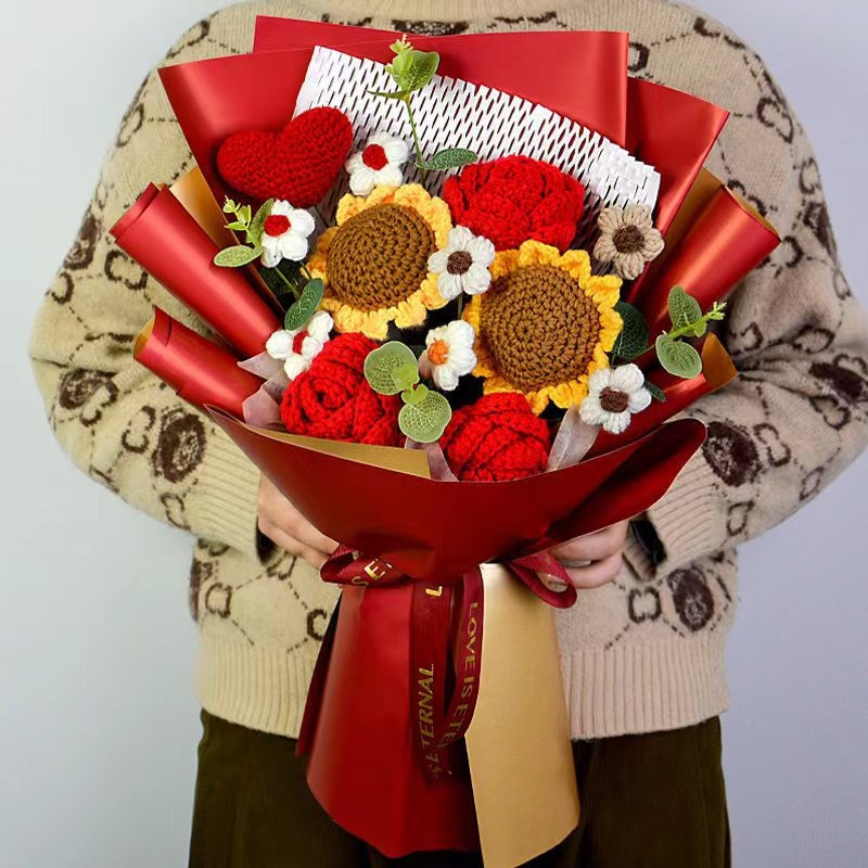 Completed Hand Knitted Crochet Flowers Bouquet Sunflower Daisy Lily Tulips Carna