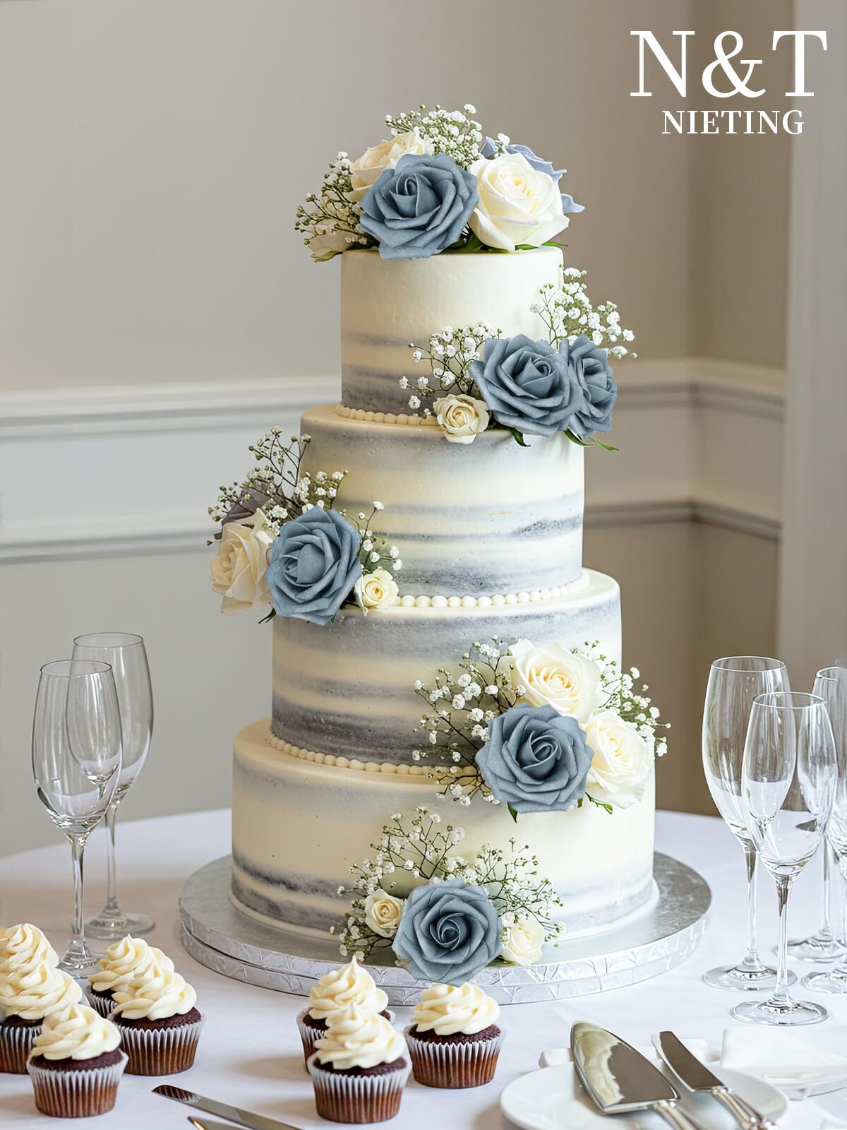 25 Pcs Dusty Blue Gray Foam Roses Fake Flowers DIY Wedding Cake Party Decor
