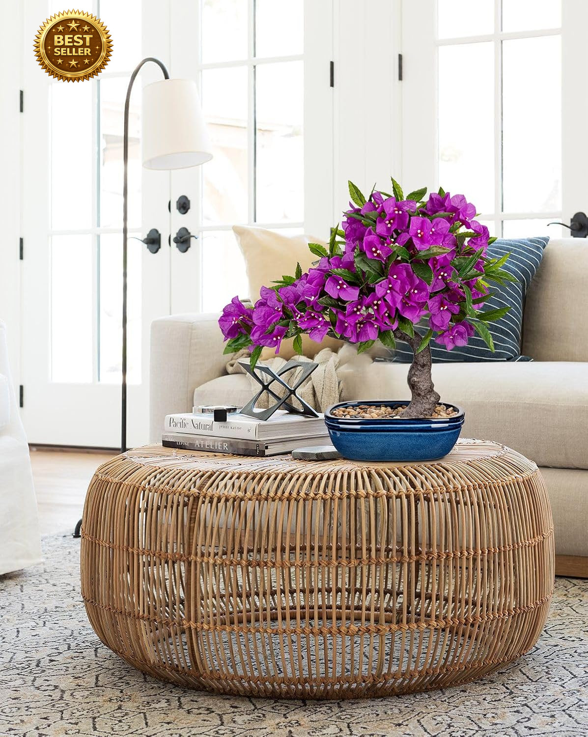 18.5in Artificial Bougainvillea Bonsi Tree Silk Plant Blue Pot Purple Home Decor