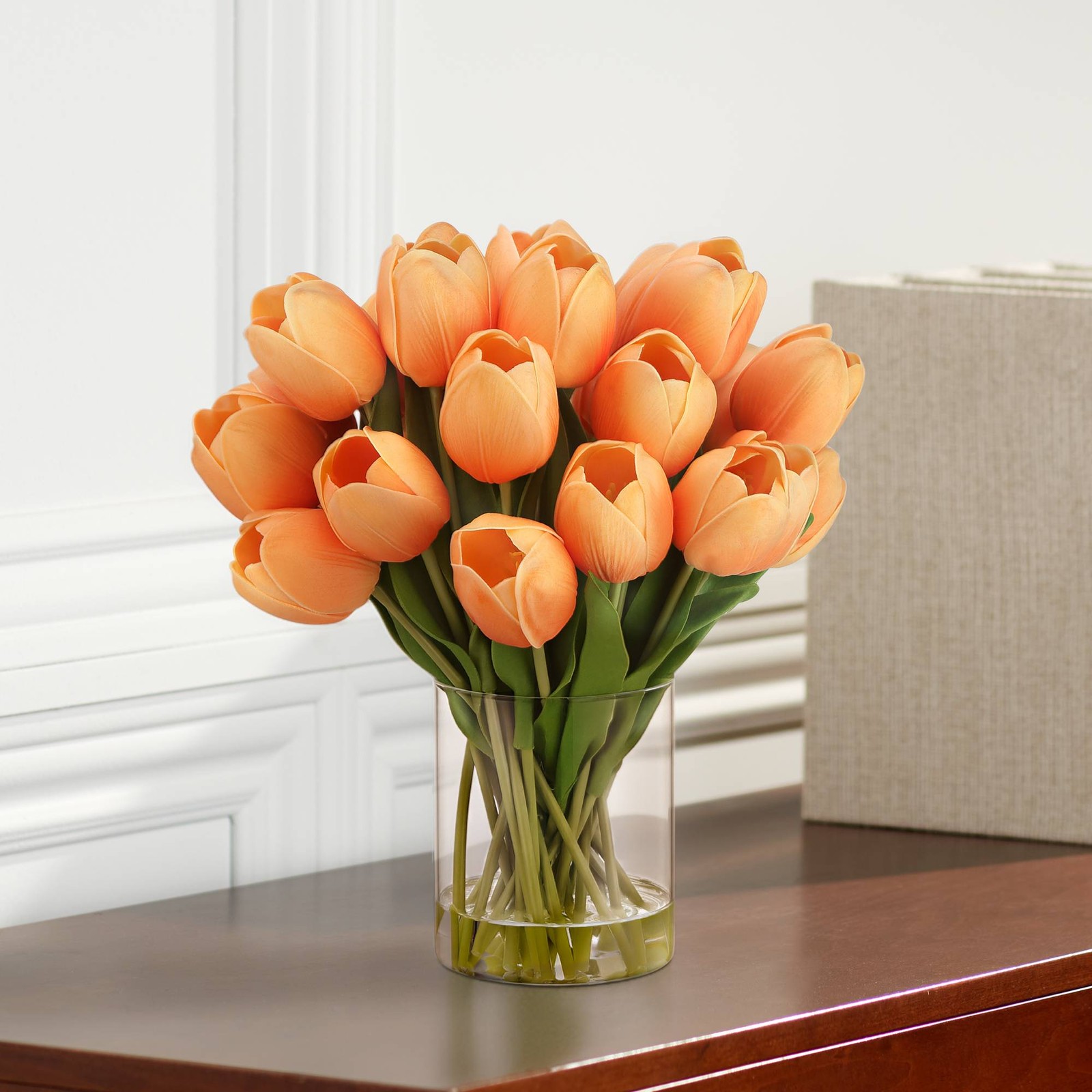 Emmie Orange Tulips 12″ High Faux Flower in Clear Glass Vase