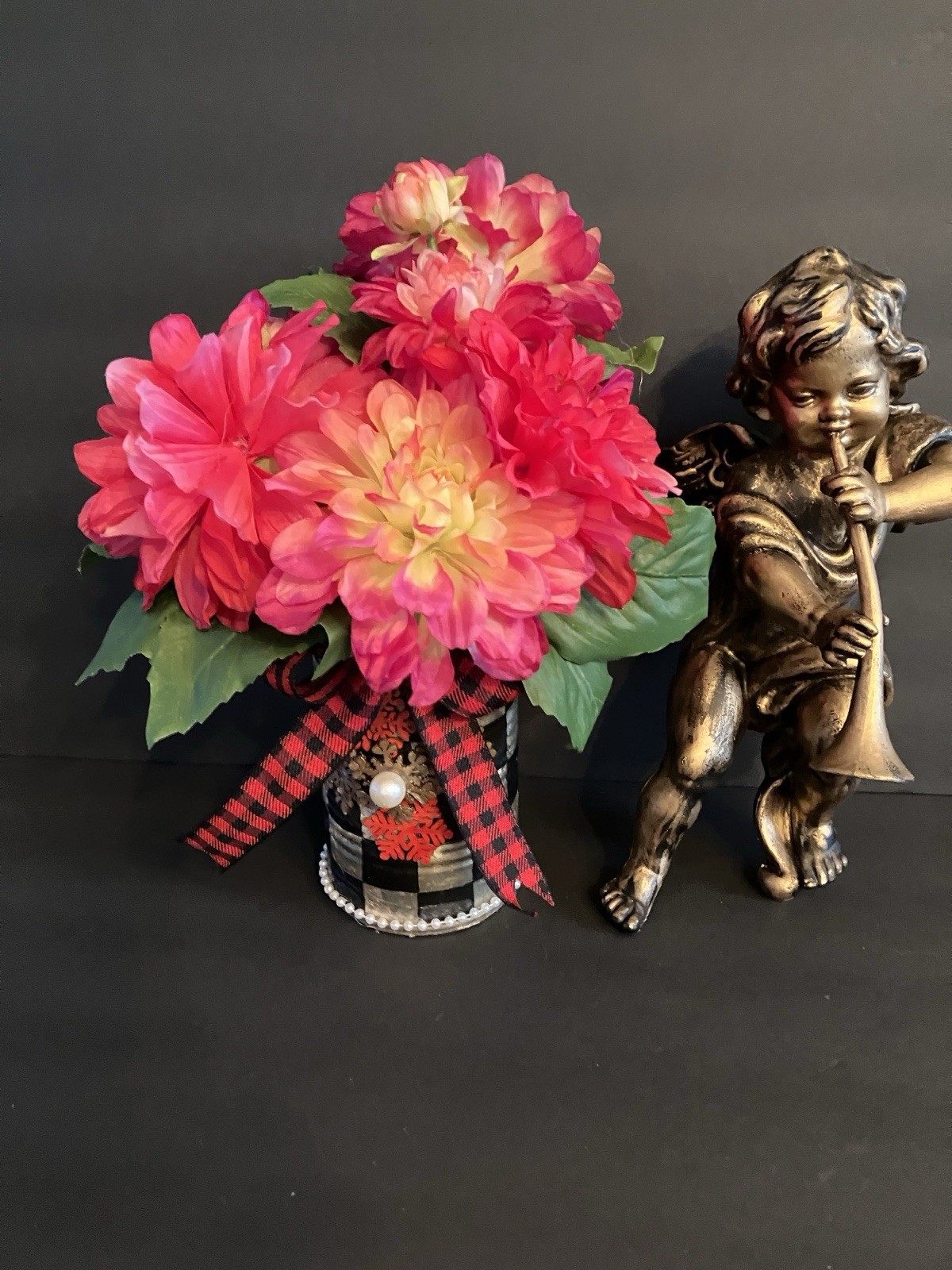 Spring Floral Arrangement In Recycled Can Mackenzie Childs Napkin Red Zinnias