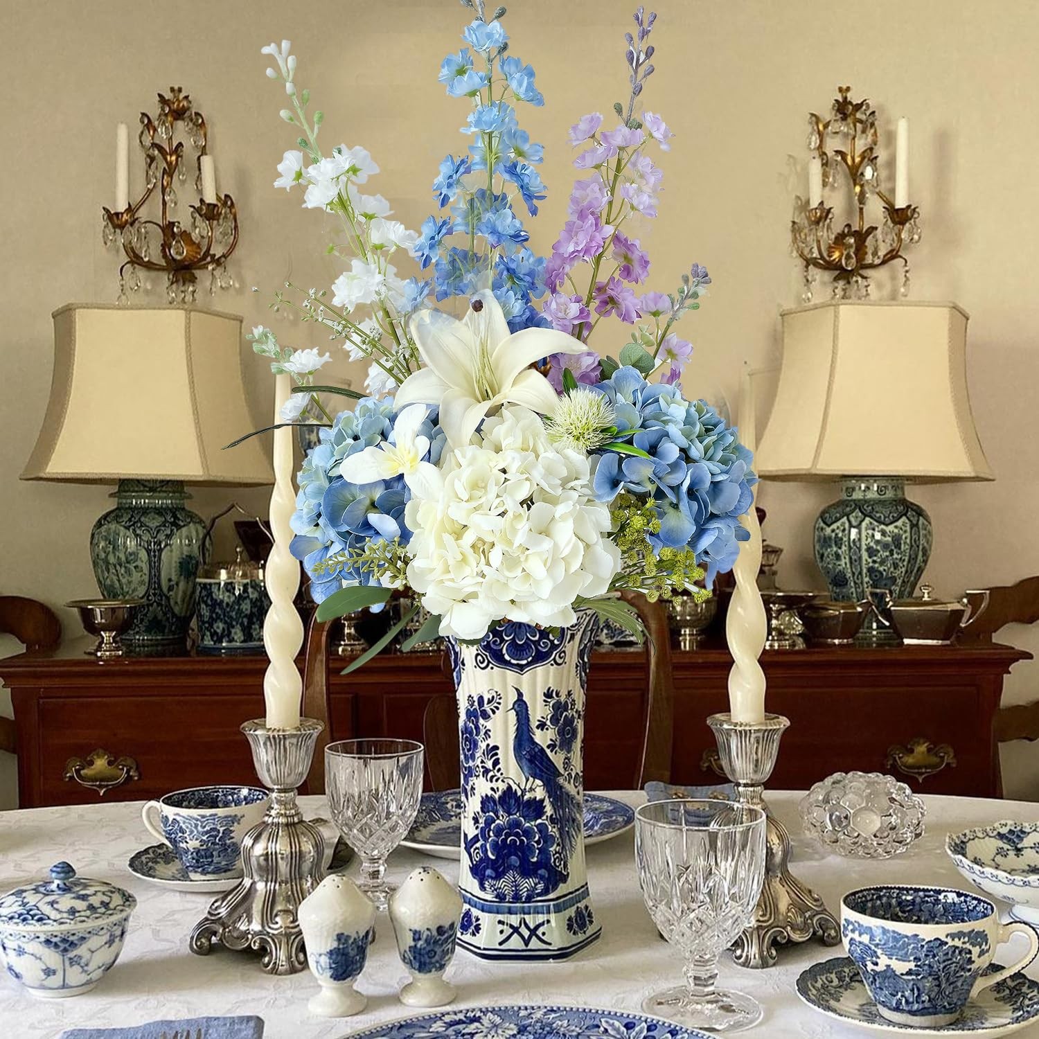Blue Delphinium Artificial Flowers 34” Silk Flowers for Tall Floor Vase